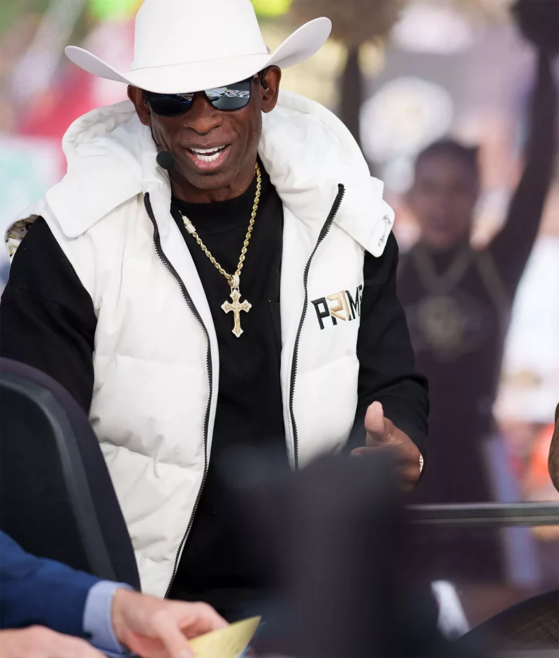 Deion Sanders College Gameday 2023 White Puffer Vest