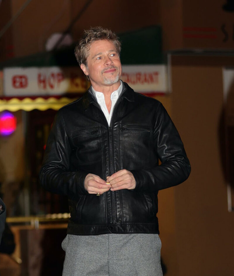 Wolfs 2024 Brad Pitt Black Trucker Leather Jacket