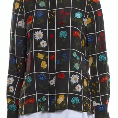 E! News Daryn Carp Black Floral Grid Silk Shirtt