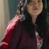 Jackpot 2024 Katie Awkwafina Maroon Bomber Jacket