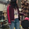 Jackpot Katie Awkwafina Maroon Bomber Jacket