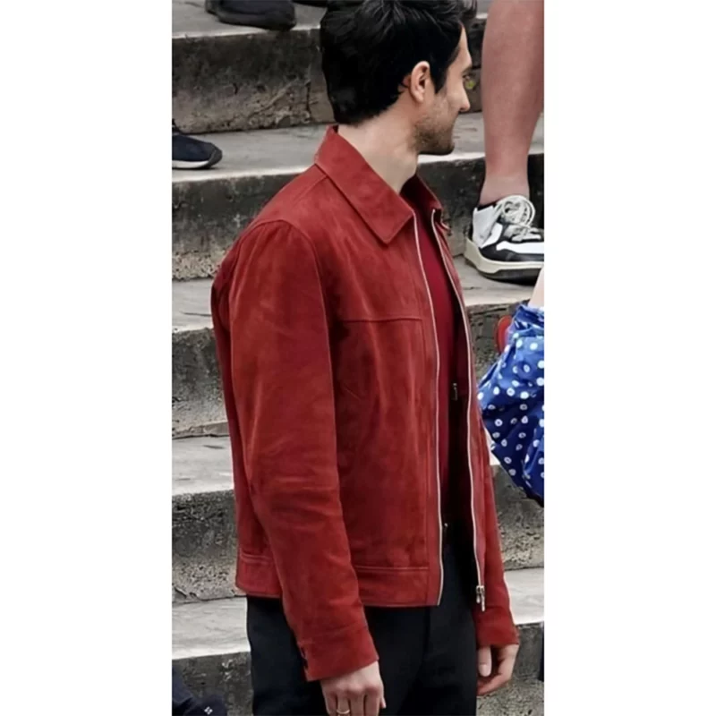 Emily in Paris Season 4 Marcello Eugenio Franceschini Red Suede Leather Jacket
