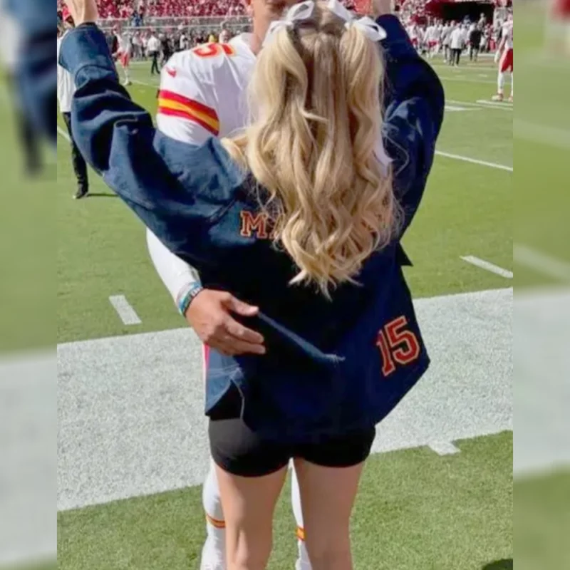 Chiefs-Vs-49ers-Game-Brittany-Mahomes-Custom-Blue-Denim-Jacket