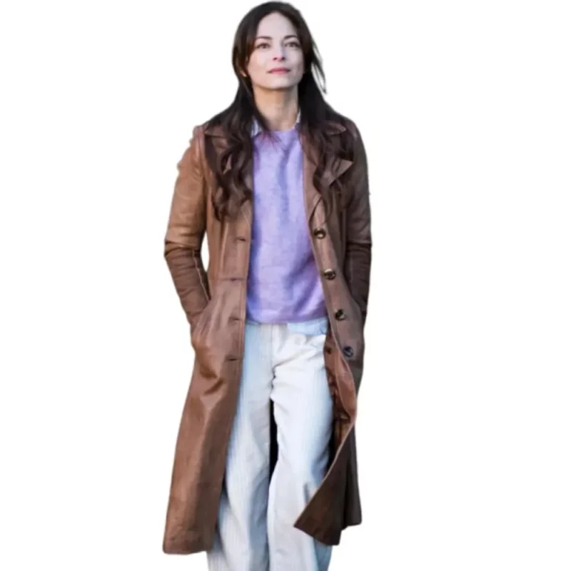 Murder-in-a-Small-Town-Kristin-Kreuk-Brown-Leather-Coat