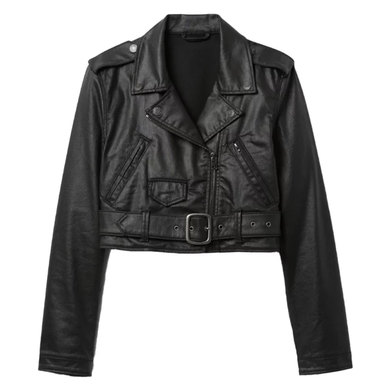 Demi Moore Cropped Moto Black Leather Jacket