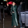 DuaLipa Green Leather Long Trench Coat