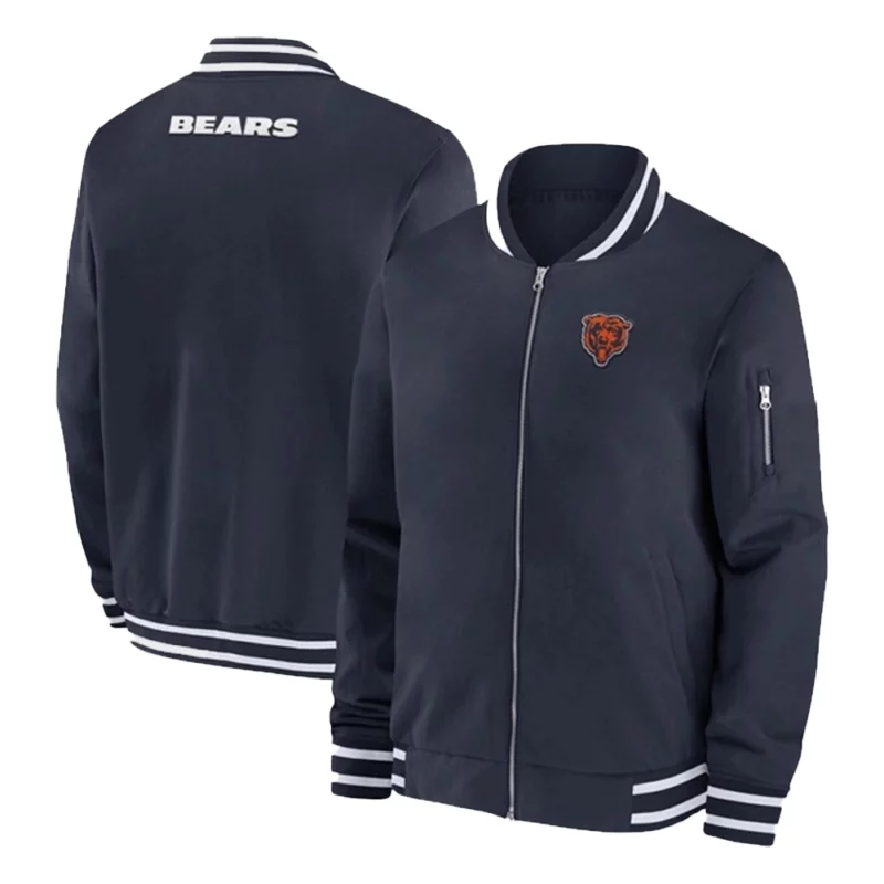 Mens Chicago Bears Sideline Coaches Navy Full Zip Bomber Jacket Blue