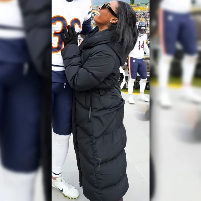 Bears Packers Game Simone Biles Black Hooded Puffer Coat