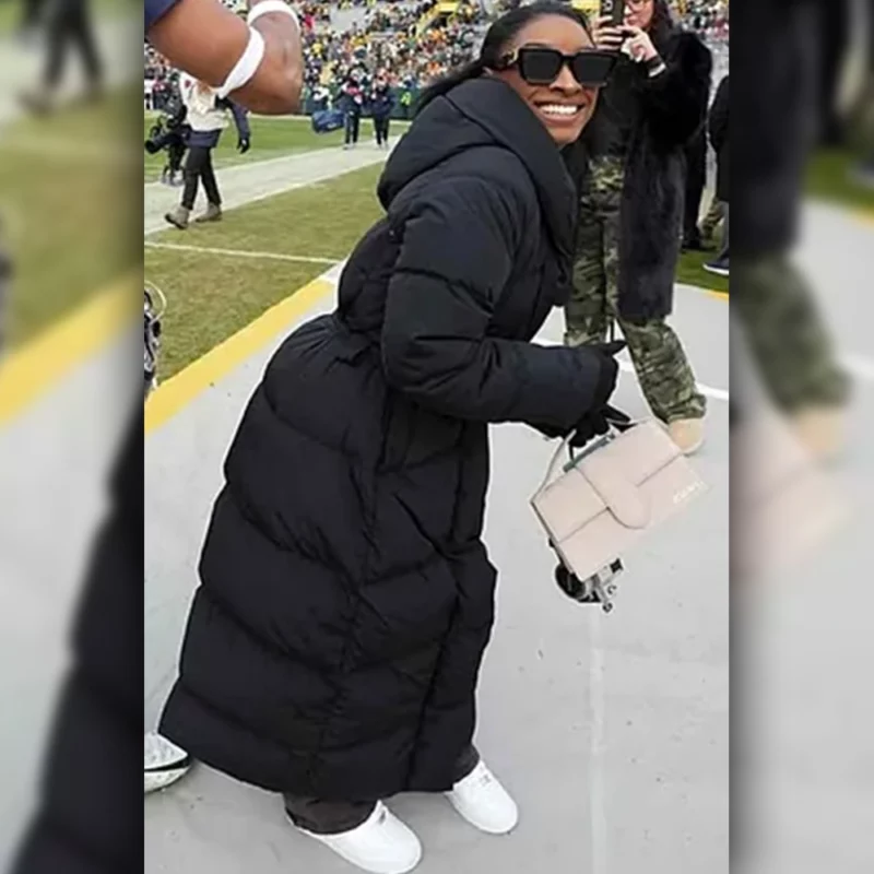 Bears vs Packers Game Simone Biles Black Hooded Puffer Coat