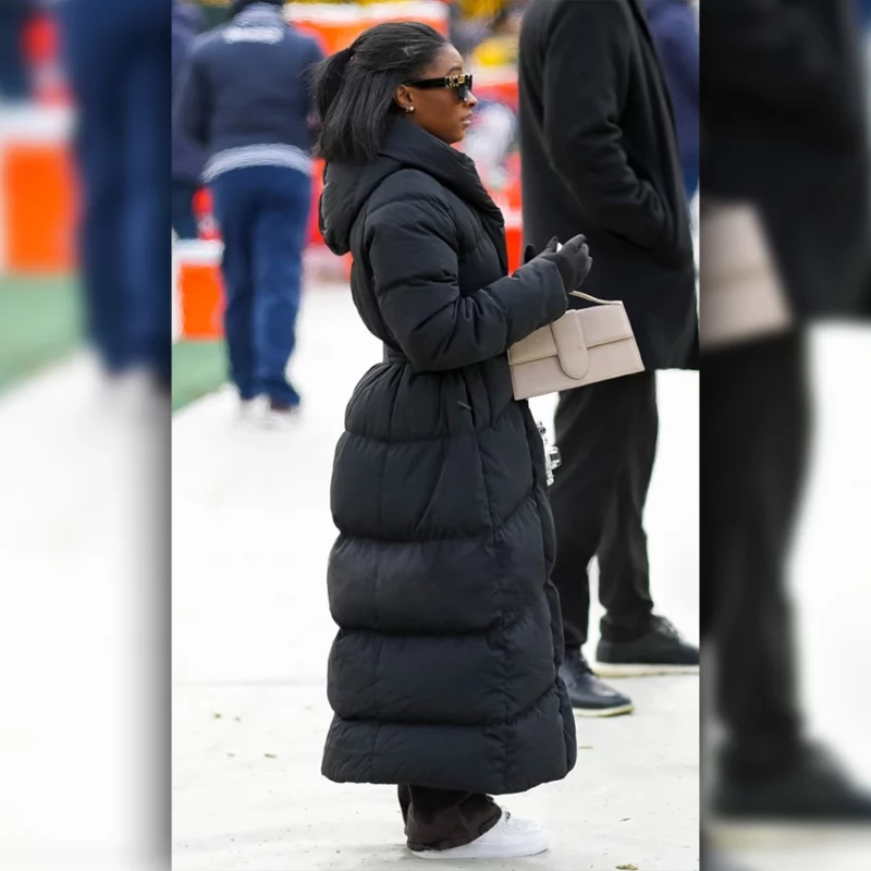 Bears vs Packers Game Simone Biles Black Puffer Coat