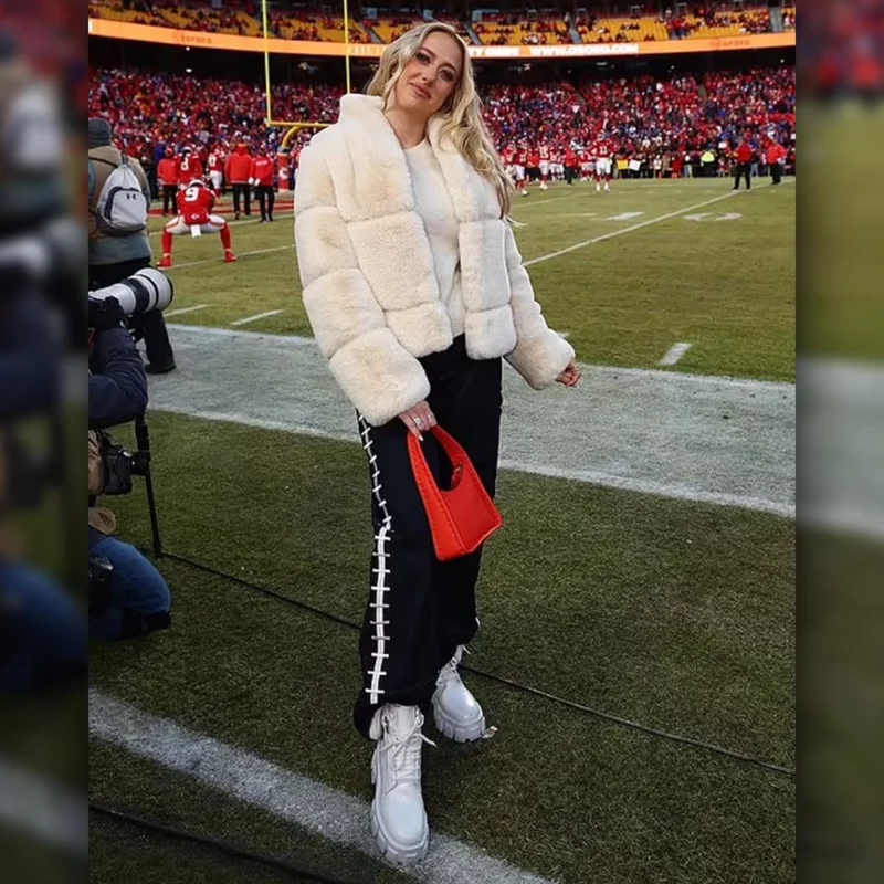 Chiefs Vs Bills AFC Championship Brittany Mahomes White Fur jacket
