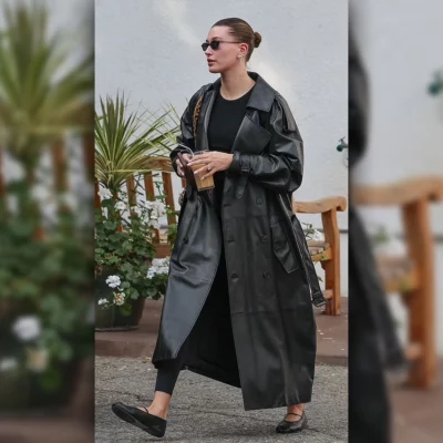 Hailey Bieber Los Angeles Black Leather Coat