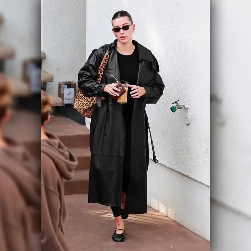 Hailey Bieber Los Angeles Black Long Leather Coat
