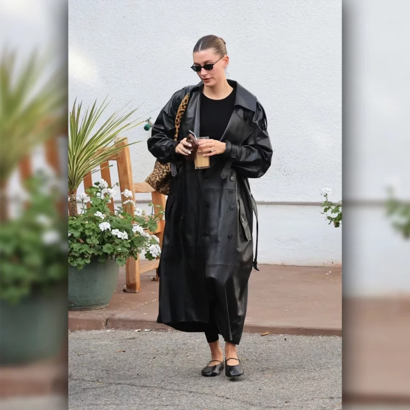 Hailey Bieber Los Angeles Matrix Esque Black Leather Coat