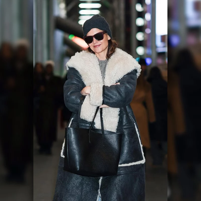Katie Holmes Oversize Leather Shearling Coat