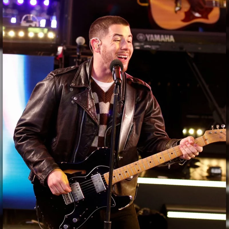 New Year Eve Nick Jonas Times Square Performance Black Leather Jacket