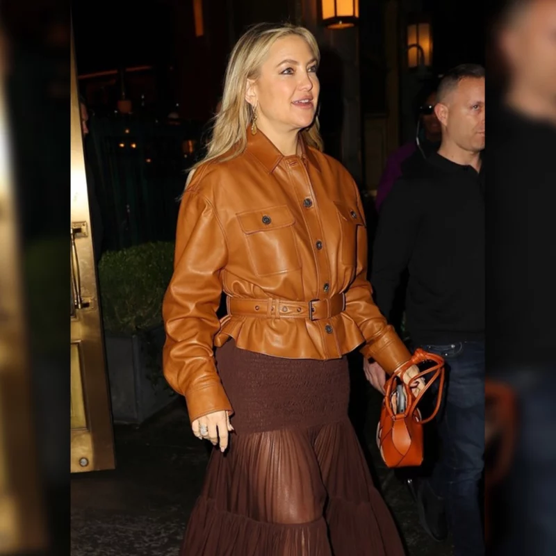 NYC 2025 Kate Hudson Brown Leather Jackeet