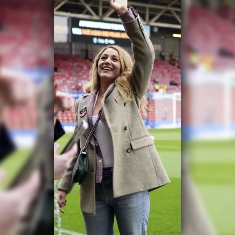 BlakeLively Wrexham Soccer Game Grey Coat