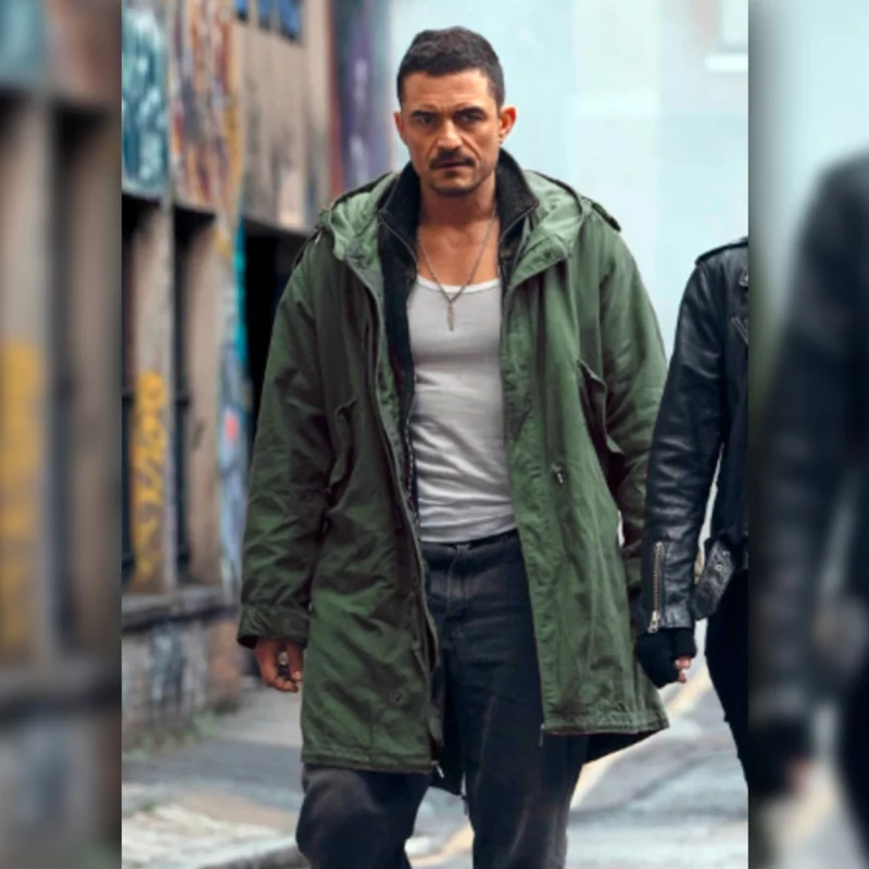 Deep Cover 2025 Orlando Bloom Green Hooded Coat