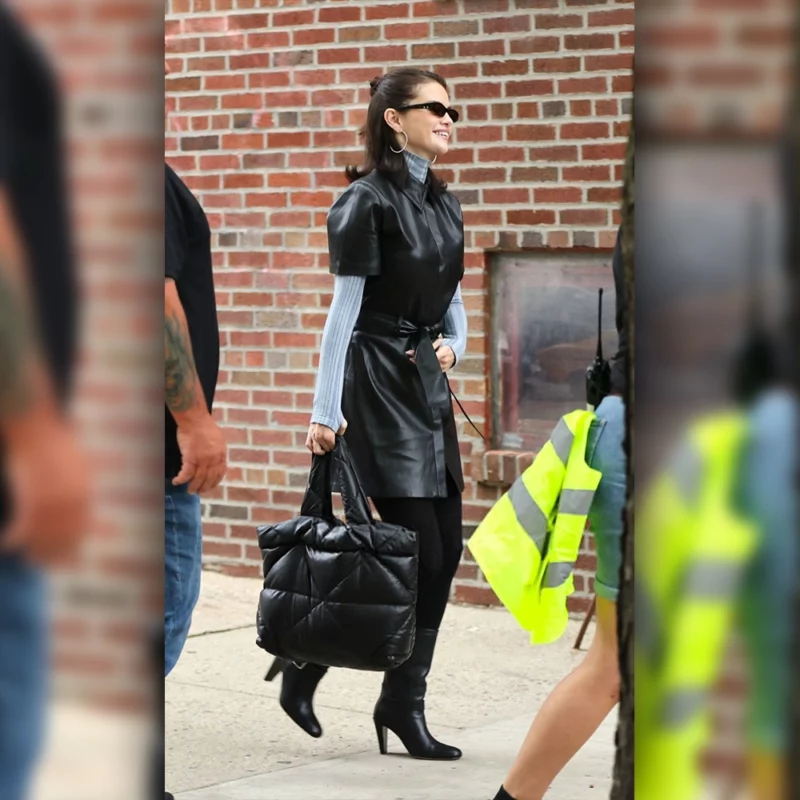 On Set Selena Gomez NYC 2025 Leather Waistcoat