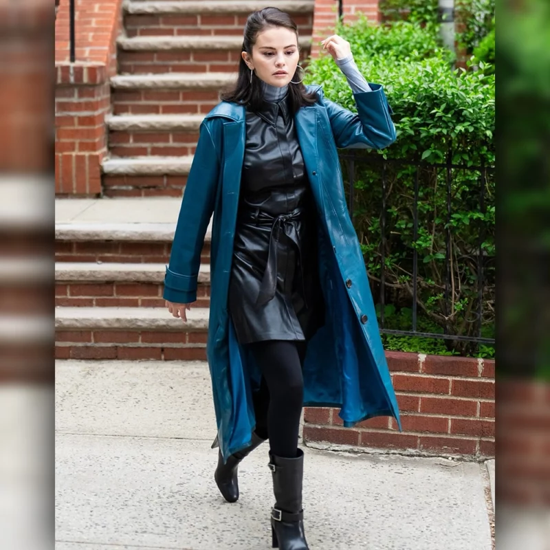 Selena Gomez NYC 2025 Blue Leather Coat