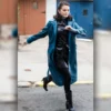 Selena Gomez NYC 2025 Blue Leather Long Coat