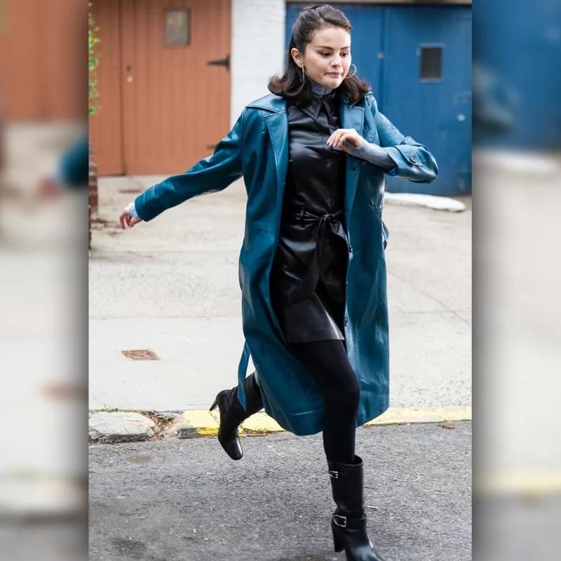 Selena Gomez NYC 2025 Blue Leather Long Coat