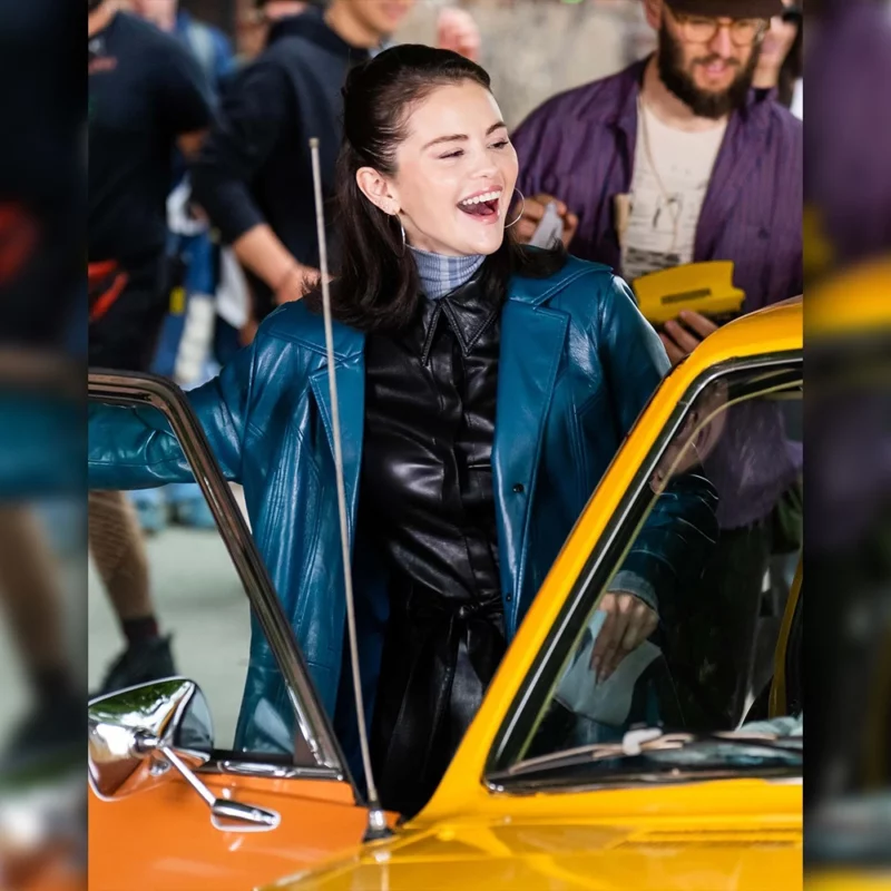 Selena Gomez NYC Blue Leather Long Coat