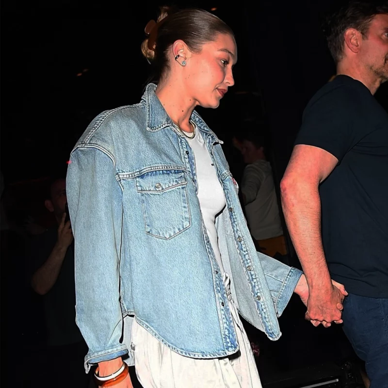 Gigi Hadid NYC Steakhouse 2025 Blue Denim Jacket