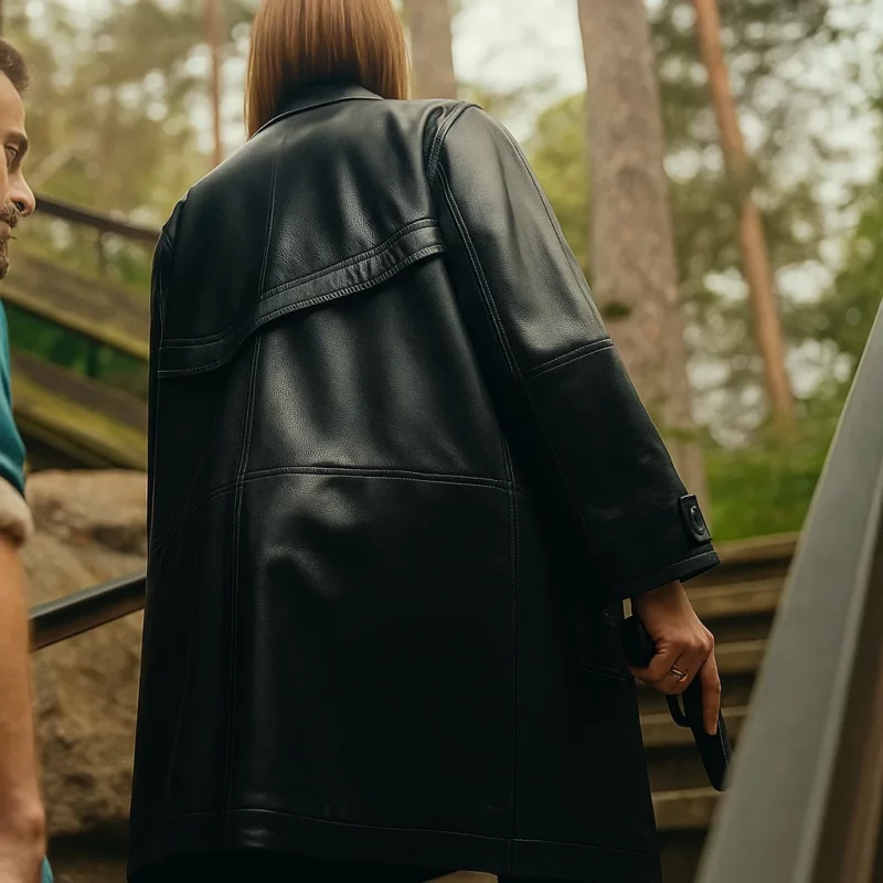 Jella Haase TV Series Kleo S02 Black Leather Trench Coat