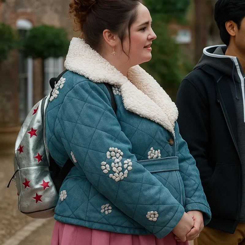 Jessica Salmon Too Much Season 1 Megan Stalter Blue Quilted Jacket