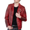 Red Real Leather Biker Jacket with Quilted Details