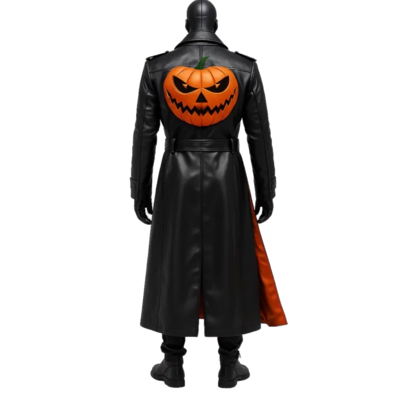 Halloween Spider Web Pumpkin Black Leather Coat