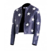 Blue Leather Jacket For Women With White Stars