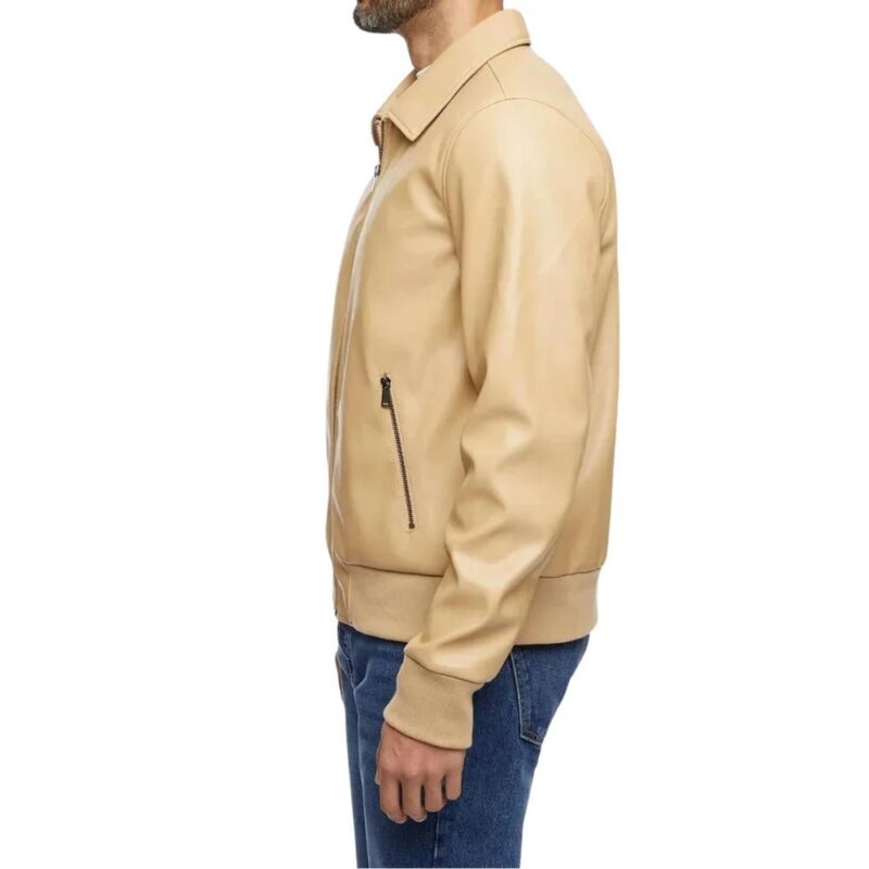 Menâ€™s Beige Bomber Leather Shirt Jacket - Side View
