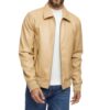Menâ€™s Beige Bomber Leather Shirt Jacket