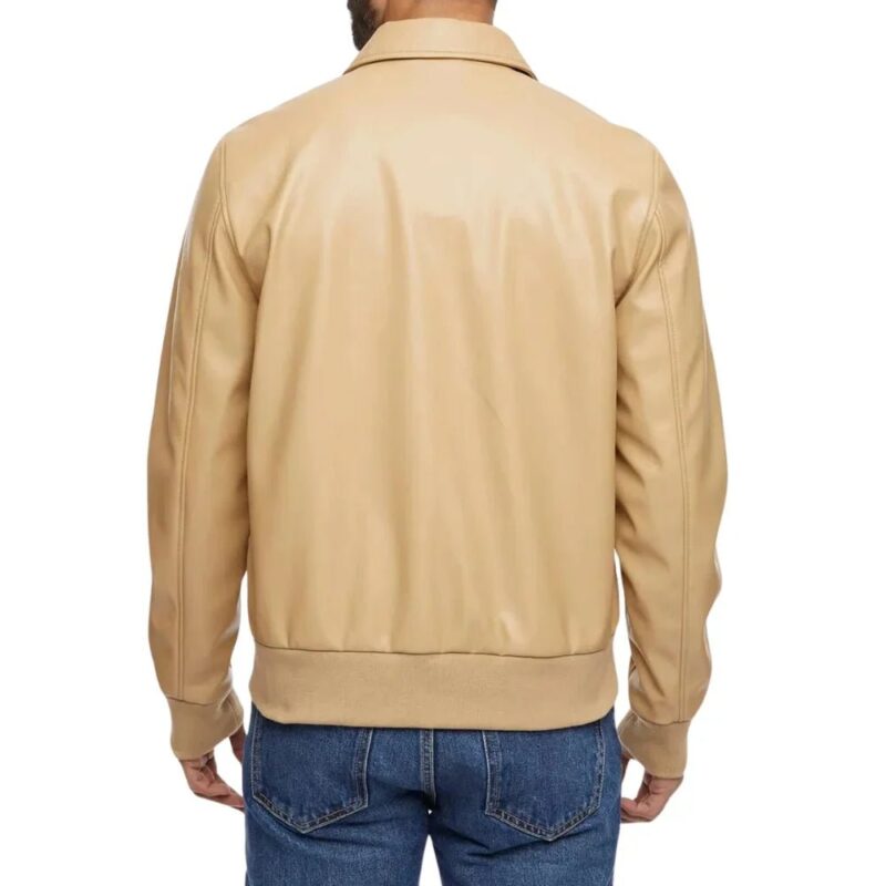 Menâ€™s Beige Bomber Leather Shirt Jacket  - Back View