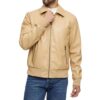Menâ€™s Beige Bomber Leather Shirt Jacket - Front View