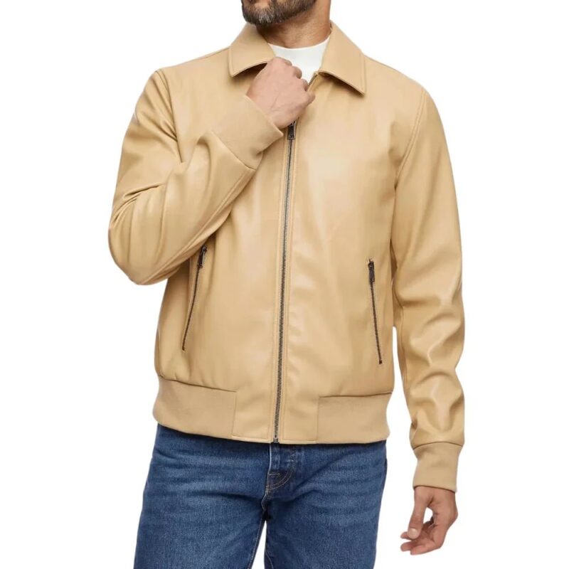 Menâ€™s Beige Bomber Leather Shirt Jacket - Front View