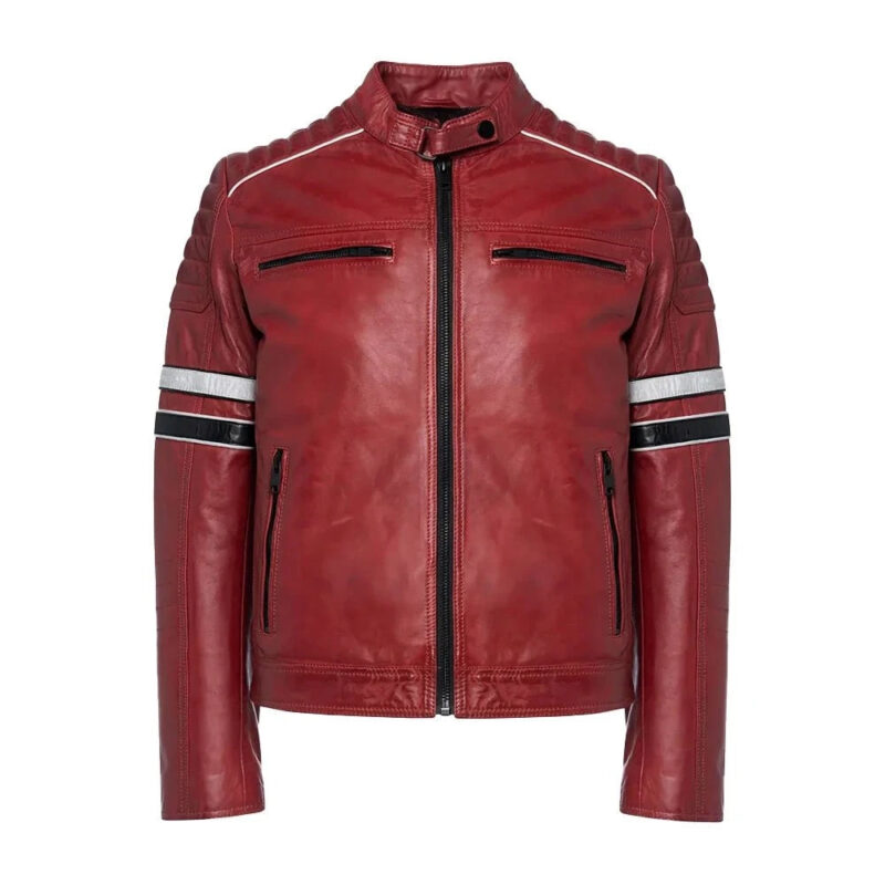 Madrid Mens Quilted Red Leather Racing Jacket with Stripes