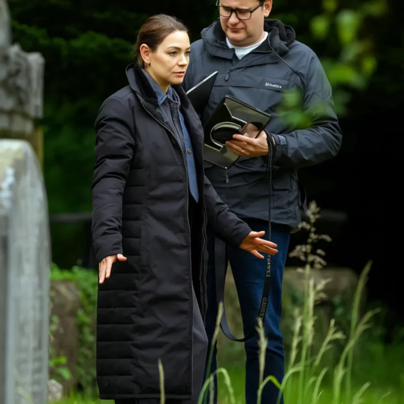 Mila Kunis Wake Up Dead Man 2025 Geraldine Scott Black Coat