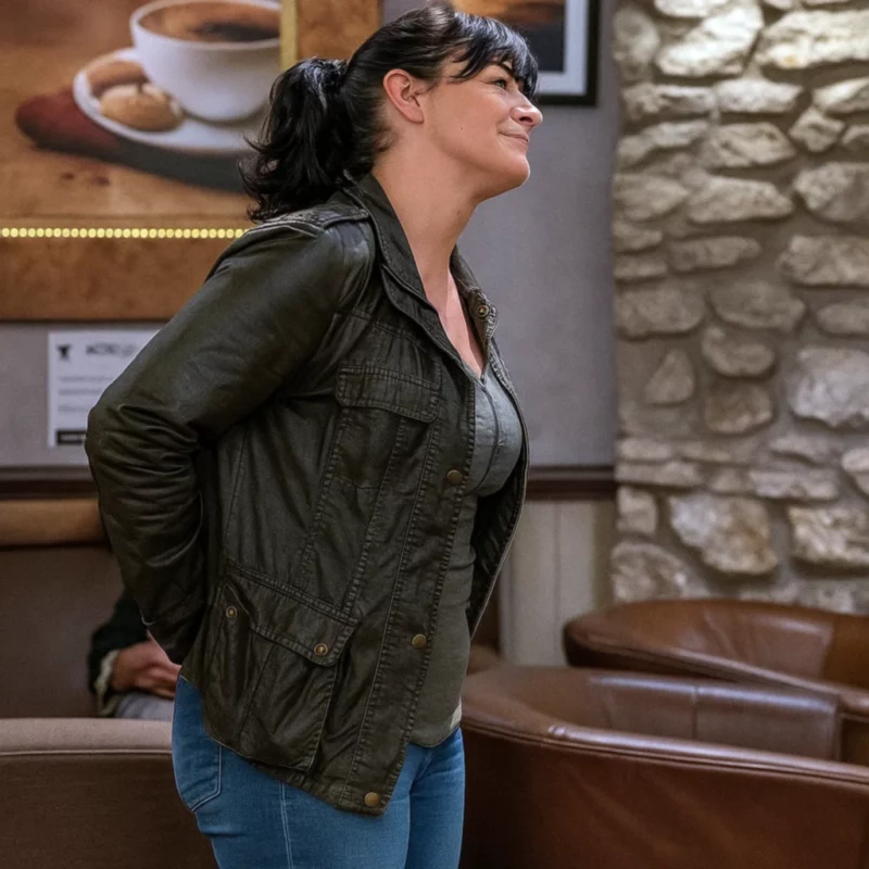 Moira Dingle Emmerdale 2025 Natalie J. Robb Leather Jacket
