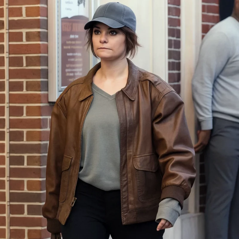 Relay 2025 Lily James Sarah Brown Leather Jacket