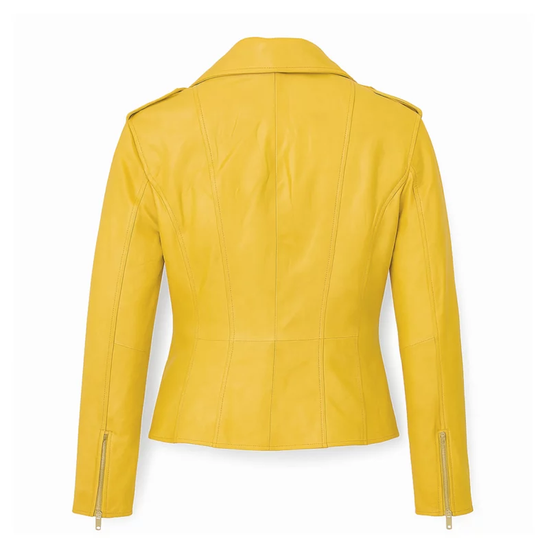 Womenâ€™s Biker Yellow Leather Four Ziper Pockets Jacket