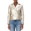 Women's Lapel Light Gold Leather Biker Jacket