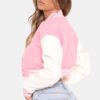 Pink Cropped Wool Barbie Varsity Jacket With Leather Sleeves For Womens