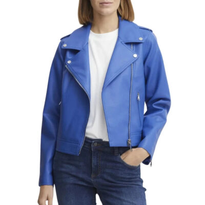 Ladies Real Lambskin Light Blue Moto Jacket