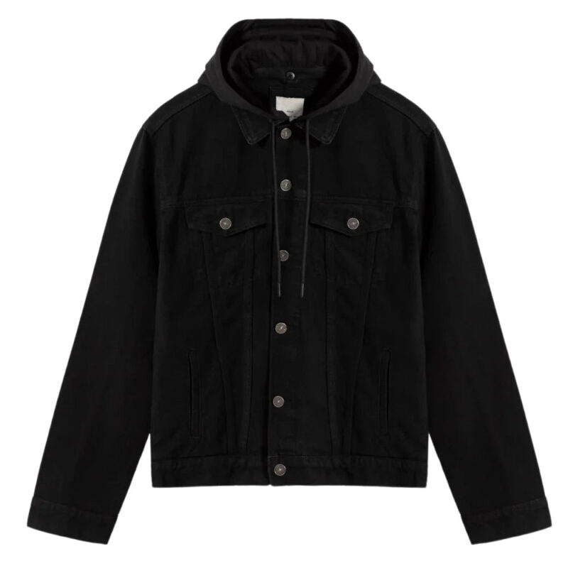 Black Hooded Denim Jacket For Mens