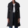 Black Detective Trench Coat Womens with Fur Hood