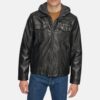 Black Hooded Leather Jacket Mens - Front View